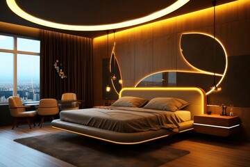 Luxurious Bedroom with Elegant Hardwood Floors, LED Lighting, Rich Textures, and Sleek Designer Touches