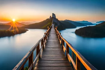 Foto op Plexiglas wooden bridge over lake , bridge over lake , mountains lake and bridge   © Hadi