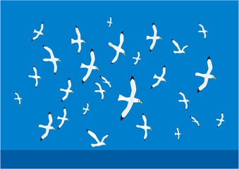 海の上を気持ちよく群れで飛ぶカモメのイラスト