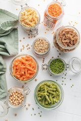 A variety of fusilli pasta from different types of legumes. Gluten-free pasta.