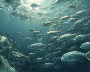 Fototapeta na wymiar School of Humanized Fish in Generative AI Ocean