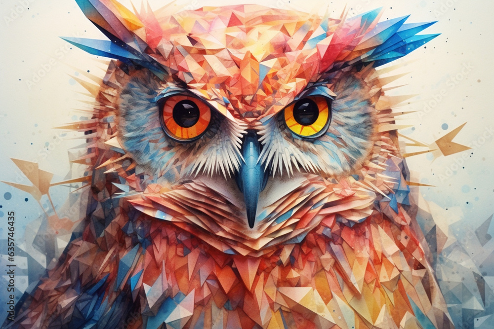 Poster An image portrays a watercolor geometric style rendering of a wise owl, with its intricate feathers depicted using geometric patterns and delicate watercolor washes,  Generative AI technology.