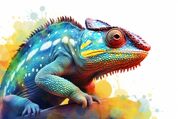 A watercolor geometric style portrayal of a curious chameleon, with its intricate scales depicted using geometric patterns and vibrant watercolor hues, Generative AI technology.
