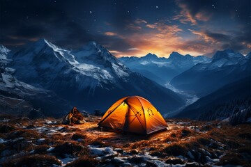 Alpine night camping Tent beneath stars, surrounded by towering peaks and tranquility Generative AI