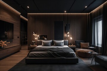 Modern, spacious bedroom highlighted by elegant upholstery and tasteful wood decor, captured in vivid detail. 3d render, generative AI