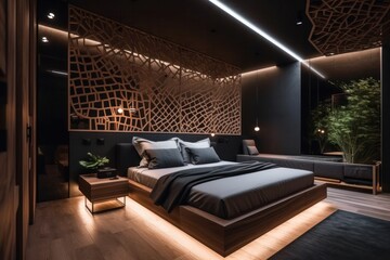 Modern, spacious bedroom highlighted by elegant upholstery and tasteful wood decor, captured in vivid detail. 3d render, generative AI