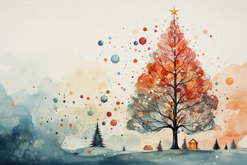 Pretty fantasy style christmas background with space for text. Watercolour style image of one large tree and small trees with baubles in the air,  a watercolour wash background, great for social media