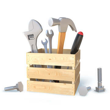 3D Rendering Wooden Toolbox With Tools Isolated On Transparent Background, PNG File Add
