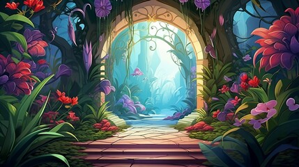 An illustration of a footpath beneath a breathtaking archway adorned with vibrant flowers and luxuriant foliage ai generated