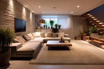 Close up details of a sleek living room, contemporary living room sofa, couch, pillows, LED lights and designer wood details