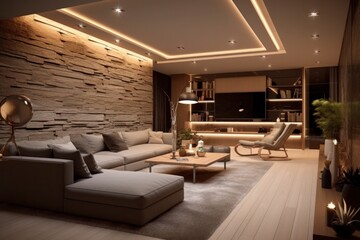 Close up details of a sleek living room, contemporary living room sofa, couch, pillows, LED lights and designer wood details - 635748050