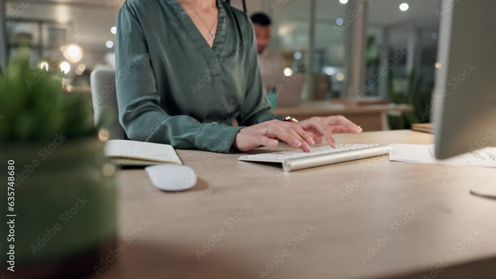 Poster research, computer and hands of business person in office for planning, website and email. communica