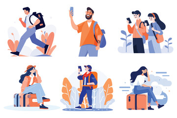 Hand Drawn Tourist is traveling and taking photos happily in flat style