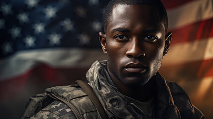 Portrait of an afro american male soldier in military uniform against background of american flag looking at camera, copy space