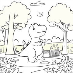 a coloring book page of a cute cartoon dinosaur playing in the park, with trees, flowers, and a play, vector illustration line art