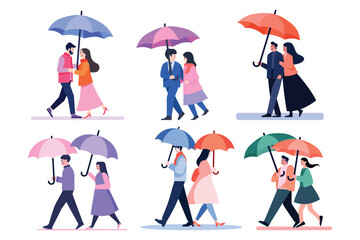 Hand Drawn couple holding umbrellas in the rain in flat style
