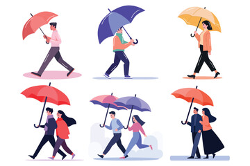 Hand Drawn couple holding umbrellas in the rain in flat style