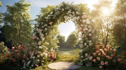 Generative AI, Wedding ceremony boho rustic style arch with flowers and plants, flower bouquets.	
