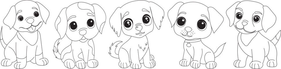 set of puppies, dogs coloring book, sketch on white background vector