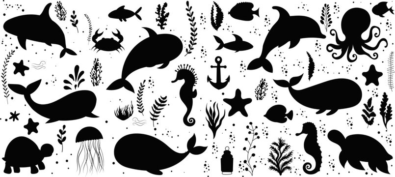 silhouette sea dweller, whale, fish, anchor set on white background vector