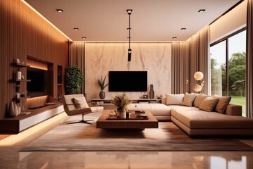Luxury living room in house with modern interior design, velvet sofa, coffee table, pouf, gold decoration, plant, lamp, carpet, wooden walls and accessories.