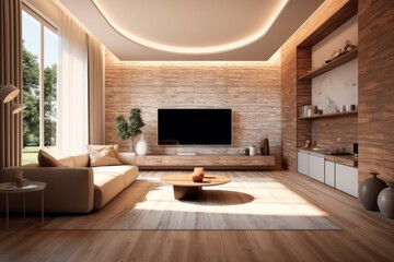 Luxury living room in house with modern interior design, velvet sofa, coffee table, pouf, gold decoration, plant, lamp, carpet, wooden walls and accessories.