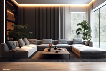 Luxury living room in house with modern interior design, velvet sofa, coffee table, pouf, gold decoration, plant, lamp, carpet, wooden walls and accessories.
