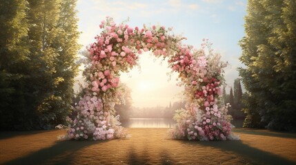 Generative AI, Wedding ceremony boho rustic style arch with flowers and plants, flower bouquets..