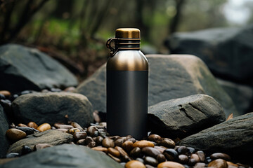 Black gold outdoor camping thermos, vacuum flask standing on the rocks. Drinking container equipment for hiking, travelling