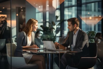 Collaboration of business people, a man and a woman, a businessman and a businesswoman in the office are sitting at a desk and a laptop.