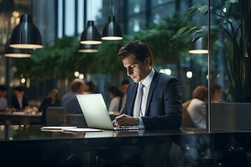 Fototapeta premium A businessman in the office is sitting at his desk and laptop.