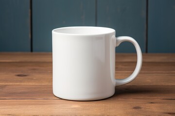 Close-up of a white mug with a handle mockup on the table against the background of a wooden blue wall, indoors