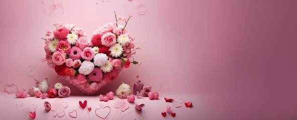 Festive romantic pink background with heart-shaped flowers and a place for text, copy paste.