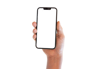 Hands holding smartphone isolated on transparent background - PNG format.