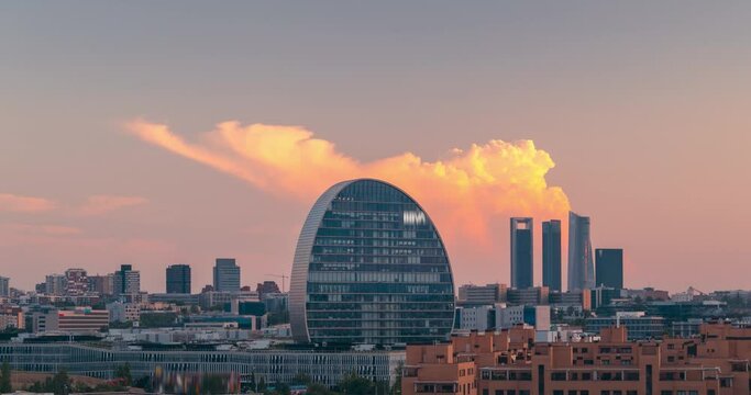 Close up timelapse Madrid skyline with BBVA and five towers business area skyscrappers during sunset with big storm cloud cumulonimbus