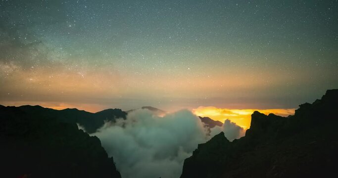 milky way starry sky night timelapse of caldera de Taburiente from the Roque de los muchachos in La Palma Island, Canaries, Spain.