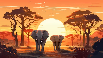 Foto op Aluminium An illustration of two elephants walking in the forest at sunset AI Generated © stocksbyrs