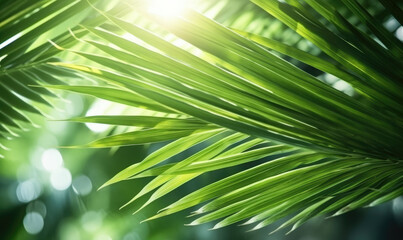 Obraz na płótnie Canvas Palm leaves wallpaper. Sunny tropical background. For banner, postcard, book illustration. Created with generative AI tools