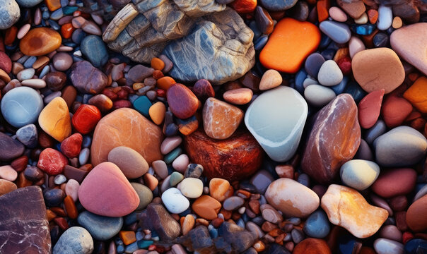 Sea of pebbles wallpaper. Colorful beach stones of background. For banner, postcard, book illustration. Created with generative AI tools