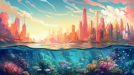 An illustration of an underwater city with a colorful skyline AI Generated