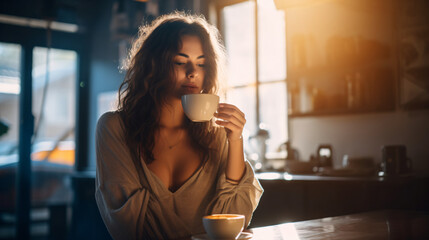 woman drinking coffee - obrazy, fototapety, plakaty