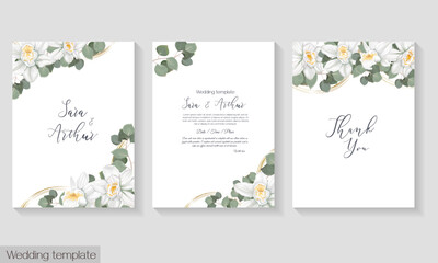 Vector herbal wedding invitation template. White orchid, green plants and leaves