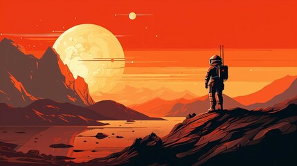 Obraz premium An illustration of an astronaut standing on a mountain overlooking a lake and mountains AI Generated