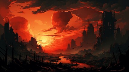 An illustration of the city after the apocalypse with red sky AI Generated - obrazy, fototapety, plakaty
