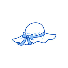 Fototapeta premium Summer woman hat doodle. Hand drawn sketch doodle style summer woman hat. Blue pen line stroke isolated element. Vector illustration