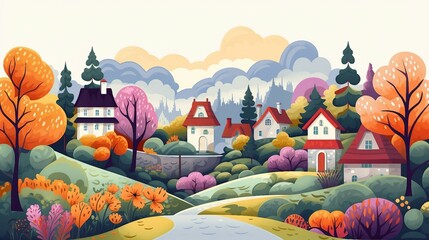 An illustration of a village in the fall AI Generated - obrazy, fototapety, plakaty