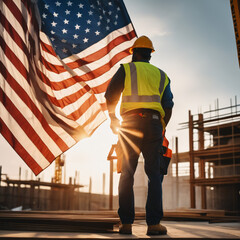 Naklejka premium Construction workers on construction site, with the U.S. flag in the background.