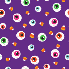 Halloween eyeball and candy seamless cute pattern. For backdrop, wrapping paper, fabric, wallpaper. fashion prints. Printing with in hand drawn style Pastel background.