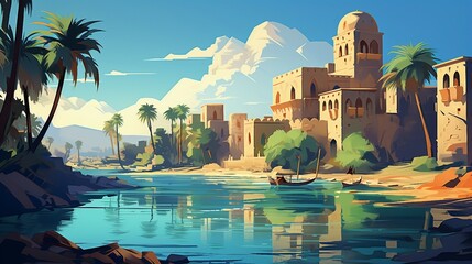 An illustration of an ancient city on river cost and palm trees AI Generated