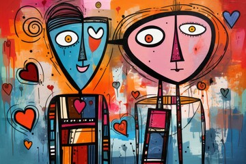 Abstract illustration showing the love of two people standing next to each other in a painted portrait created with Generative AI technology